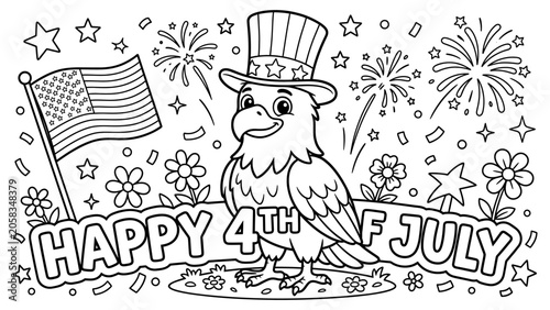 Coloring page with a cute cartoon bald eagle wearing a patriotic hat for Happy 4th of July celebration