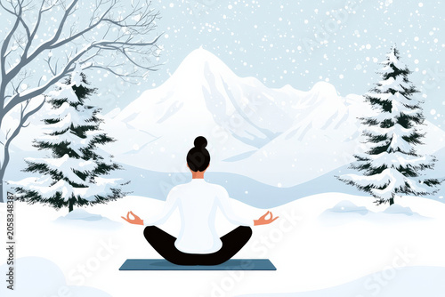 Yoga snow nature meditation woman mountain winter calm focus balance woman meditating on mat in snowy landscape