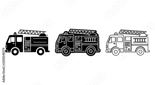 Fire truck icon set with ladder, emergency vehicle vector collection in silhouette and outline styles, fire engine transport graphics for safety signage