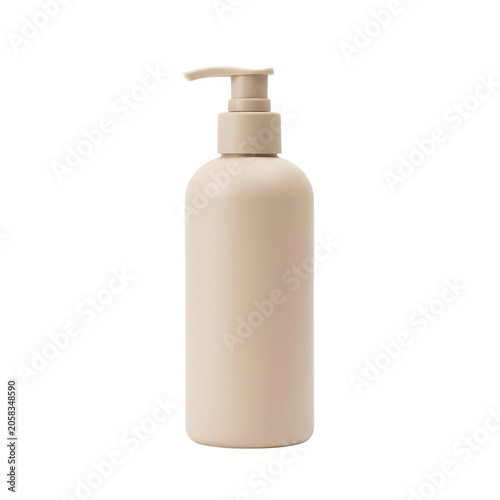 Beige plastic pump bottle for lotion or liquid soap container isolated on transparent background