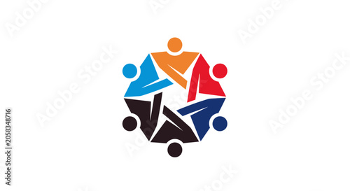 Colorful circle of people figures joining hands in unity.