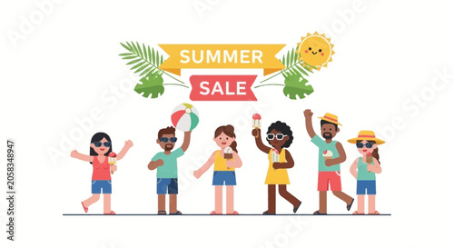 Summer Sale Banner Vector Illustration with Diverse Happy People Enjoying Ice Cream and Beach Vacation Theme