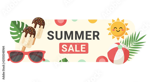 Summer Sale Banner Template with Tropical Leaves, Ice Cream, Sunglasses, and Cute Sun Illustration - Flat Vector Design for Seasonal Discounts and Promotions