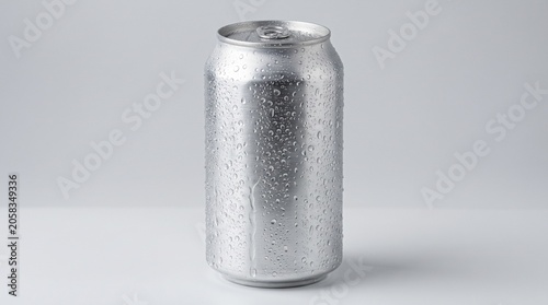 Cold Refreshing Aluminum Beverage Can Covered in Water Droplets on White Background