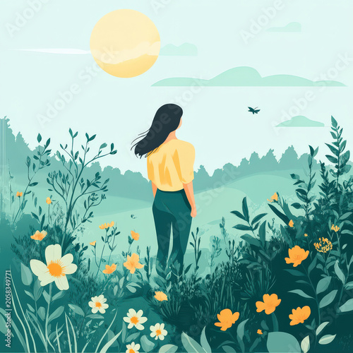 Spring rejuvenation woman flower meadow nature illustration sunrise serene flat illustration with copy space, calm landscape, blossom, leaf, plant