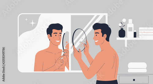 Man examines face in mirror applying treatment, skincare routine, self-care concept