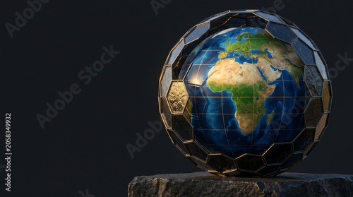 Protected Earth globe, a secure planet concept with a hexagonal shield, symbolizing global security and environmental protection, ideal for sustainability and technology themes.