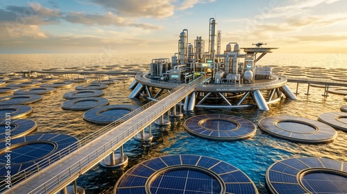 Futuristic offshore oil rig with solar panels, a modern energy platform for sustainable power generation. Advanced industrial facility for petroleum extraction and renewable energy