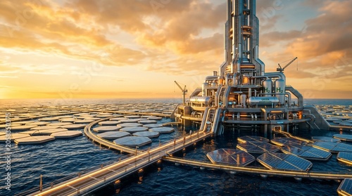 Futuristic offshore city, sustainable marine architecture, advanced ocean platform, innovative floating infrastructure, renewable energy solution, modern technological development