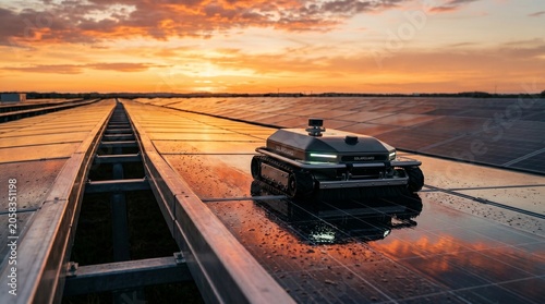 Autonomous solar panel cleaning robot, advanced robotic technology for sustainable energy maintenance. Automated cleaning system on photovoltaic modules
