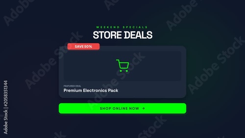 Dynamic store deals animation with glowing neon text and shopping cart icon, featuring weekend specials and a call to action button, symbolizing e-commerce and online shopping opportunities