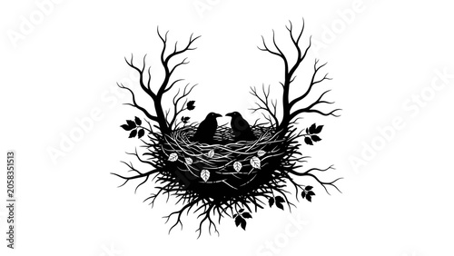 Foto Two Birds in a Nest: A silhouette of two birds sitting in a nest adorned with twigs and leaves, framed by bare branches that resemble antlers, with a cluster of eggs nestled within