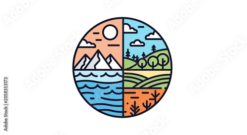Circular four-quadrant landscape illustration showing diverse nature.