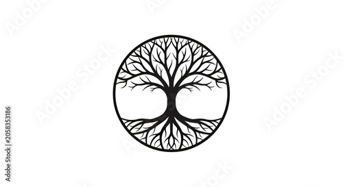 Circular black tree of life icon on white background.