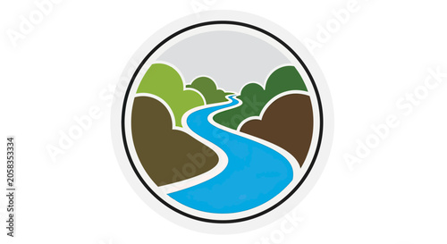 Circular landscape icon with winding blue river.