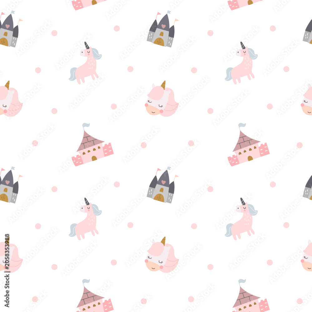 Naklejka premium Fairytale seamless pattern set featuring unicorn castle tent heart confetti dot sky nursery fantasy magic wallpaper textile fabric repeat whimsy