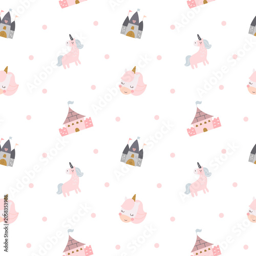 Fairytale seamless pattern set featuring unicorn castle tent heart confetti dot sky nursery fantasy magic wallpaper textile fabric repeat whimsy