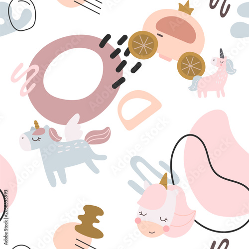 Fairytale seamless pattern set featuring unicorn portrait frame ornament fruit citrus wing doodle line shape nursery fantasy magic wallpaper repeat