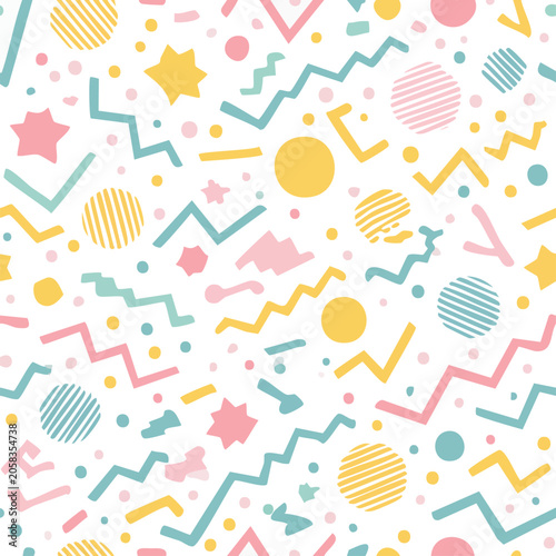 Bright geometric shapes dance across a clean white canvas