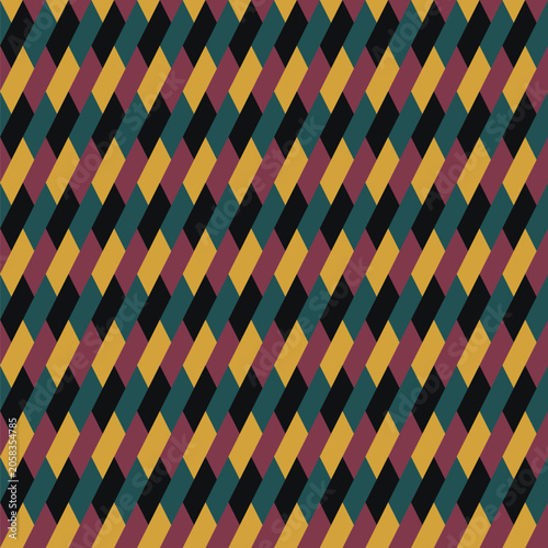 Seamless pattern designed from diagonal maroon, gold, emerald green and black parallelograms