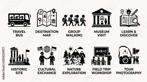 Field Trip Workshop and Cultural Tour Silhouette Icons Set