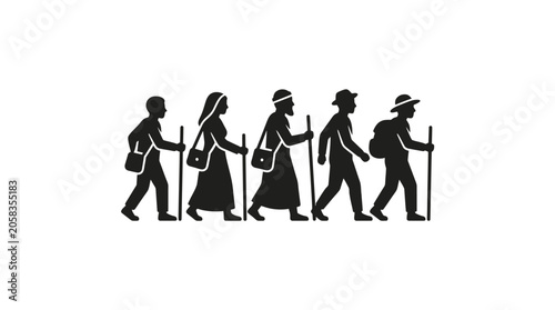 Fotografie A silhouette illustration of a group of five people walking together in a line