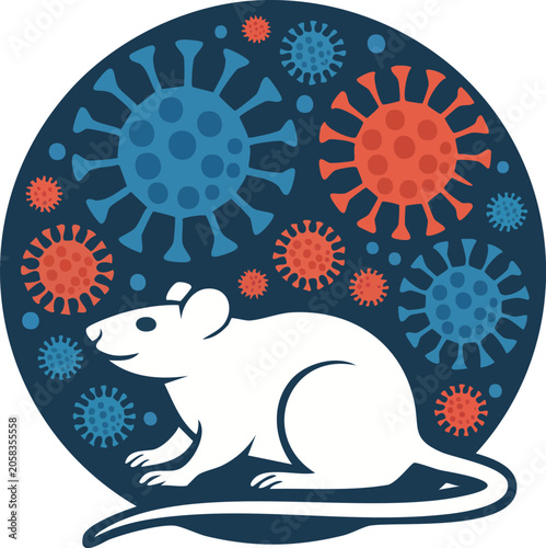 Laboratory Rat Surrounded by Virus Particles Vector Illustration