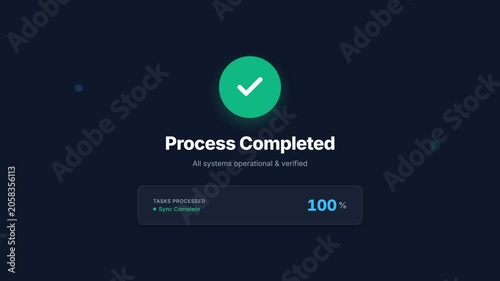 Process completion animation, green checkmark and percentage progress bar on dark background, seamless loop, symbolizing success, verification, and efficiency