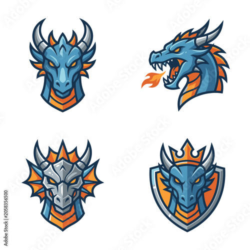 Dragon heads with different expressions.