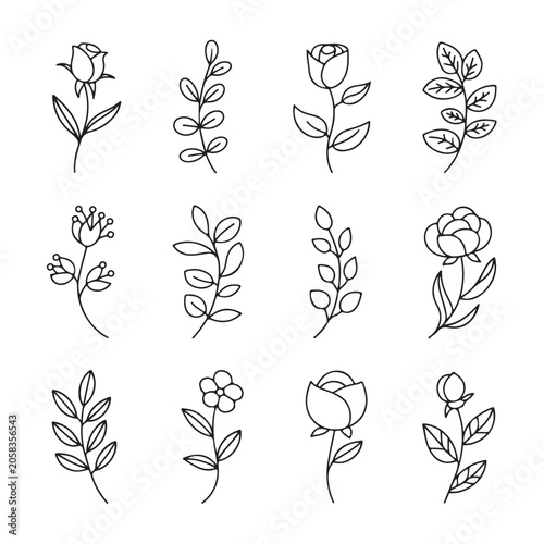 Minimal Floral Outline Icons Set – Rose Flowers, Leaves and Botanical Line Art Vector Collection