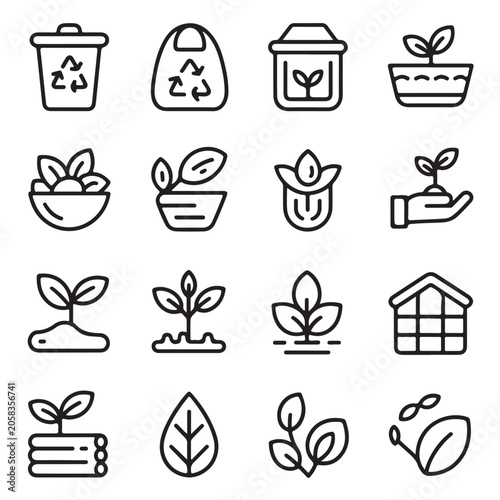 Gardening and Eco Farming Outline Icons – Plant Care, Recycling and Sustainable Agriculture Vector Set
