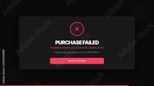 Purchase failed transaction error message on black background with red button, symbolizing payment failure, error, and transaction decline.