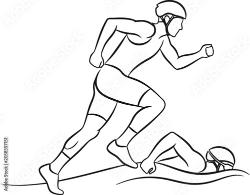 Line art illustration of a triathlon athlete transition