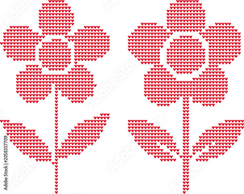 Two red flowers knitting pattern heart stitch symbols