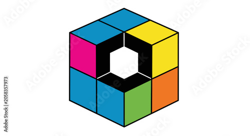 3D isometric cube assembly with colorful facets.