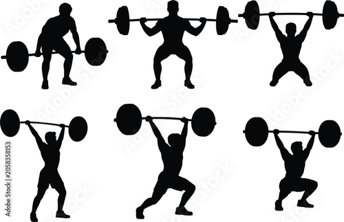 Six black silhouettes of a man lifting weights and performing weightlifting exercises on white background