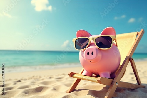 Retirement Goals: Adorable pink piggy bank in sunglasses relaxing on a beach deck chair, a symbol of financial security and savings.
