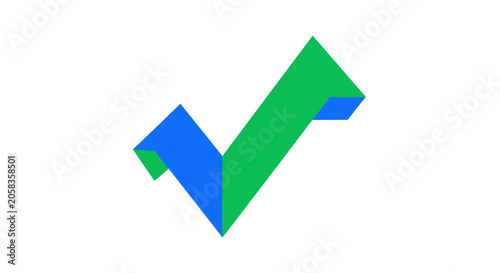 Abstract blue and green ribbon checkmark symbol.