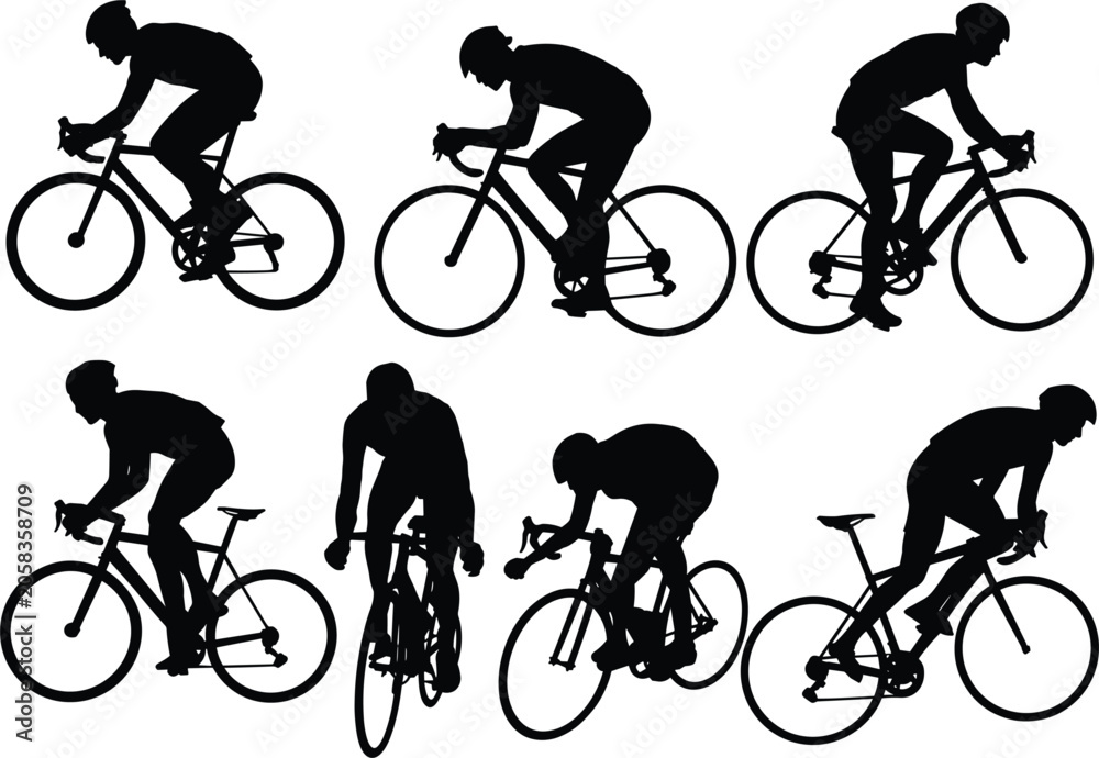 Obraz premium Multiple Silhouettes of Cyclists in Racing Poses on White Background cycling bicycle