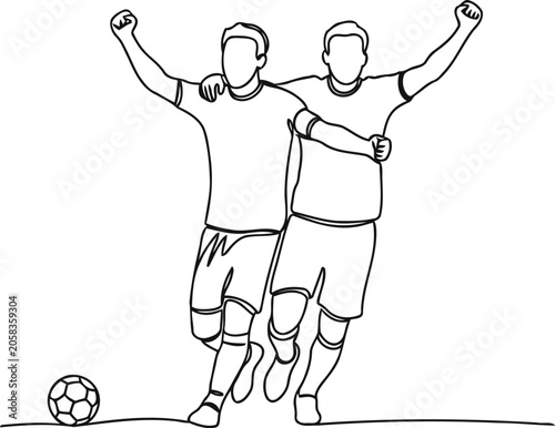 Two soccer players celebrating a goal in line art style