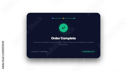 Seamless Digital Transaction Process Animation, Featuring Shopping Cart Selection, Secure Payment Gateway Confirmation, and Order Completion with Checkmark Icon, Representing E-commerce Success