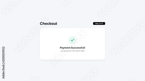 Seamless E-commerce Checkout Process Animation, Displaying Product Purchase, Payment Confirmation, and Transaction Success with a Green Checkmark, symbolizing online shopping and digital transactions