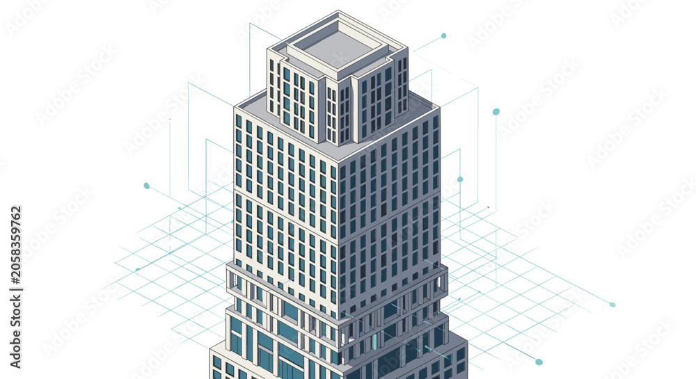 Fototapeta premium Isometric skyscraper building illustration showing architectural design blueprint elements on white background.