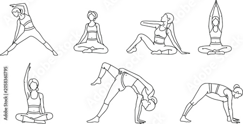 Set of human yoga poses in simple black line art style