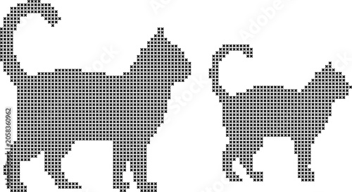 Two cats in cross stitch pattern on white background