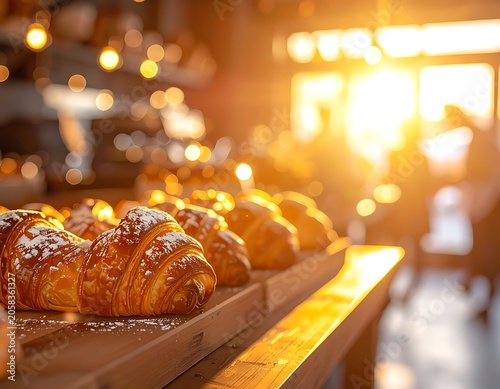 A tray of golden croissants on a counter at sunrise