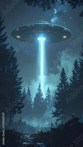 A UFO hovers above a forest, emitting a bright beam of light