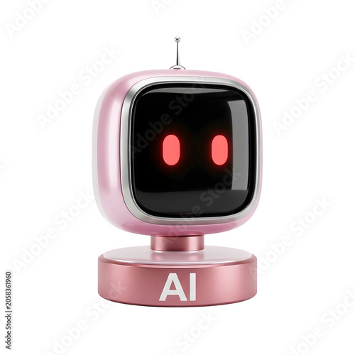 Cute pink ai robot character with glowing red eyes and modern digital design isolated on transparent background