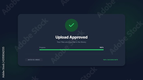 Upload approved progress bar animation, green checkmark and text on dark background, seamless loop, symbolizing success and completion