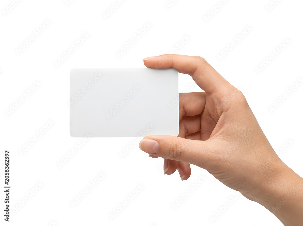 Obraz premium A hand holding a blank white plastic card for business or identification purposes isolated on transparent background